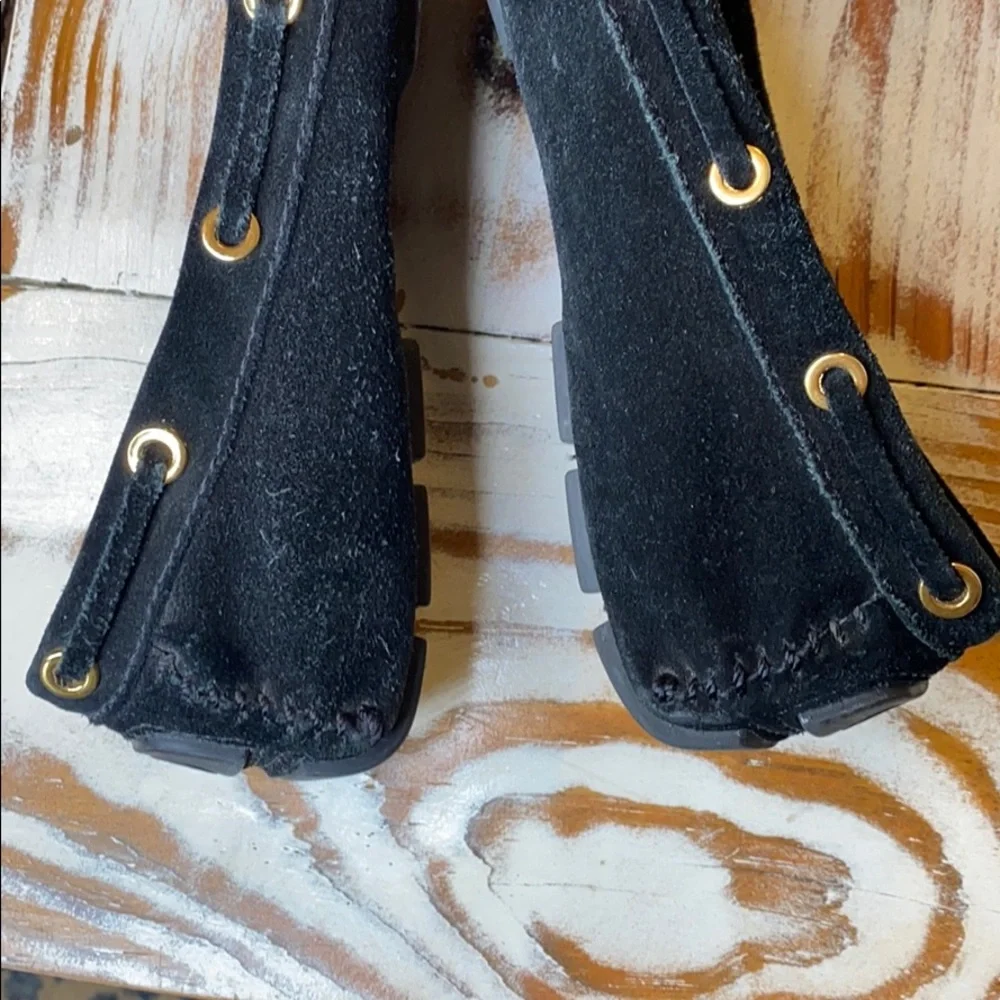 Tory Burch Black Gold Logo Suede Leather Loafer Shoes Size 6.5